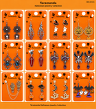 Wholesale Halloween earring assortment JCE101 with 12 different spider, pumpkin, ghost, witch, bat, black cat, skeleton and coffin earring styles by Taramanda