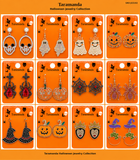 Wholesale Halloween earring assortment JCE102 with 12 different skull, ghost, pumpkin, spider, spider web, witch hat and cauldron earring styles by Taramanda