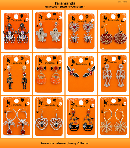 Wholesale Halloween earring assortment JCE103 with 12 different spider, ghost, spider web, pumpkin, skeleton, bat and candy corn earring styles by Taramanda