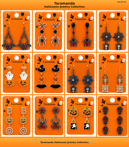 Wholesale Halloween earring assortment JCE104 with 12 different bat, spider, spider web, ghost, pumpkin, witch hat and skull earring styles by Taramanda
