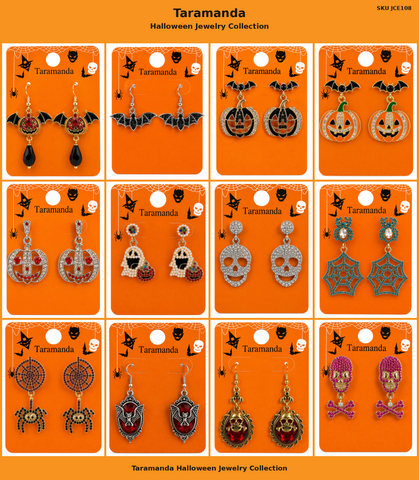 Wholesale Halloween earring assortment JCE108 with 12 different bat, pumpkin, ghost, skull, spider web, spider and vampire earring styles by Taramanda