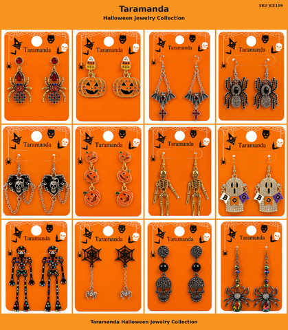 Wholesale Halloween earring assortment JCE109 with 12 different spider, pumpkin, bat, skull, skeleton, ghost and spider web earring styles by Taramanda