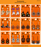 Wholesale Halloween earring assortment JCE110 with 12 different ghost, haunted house, witch, spider web, pumpkin, spider and skull earring styles by Taramanda