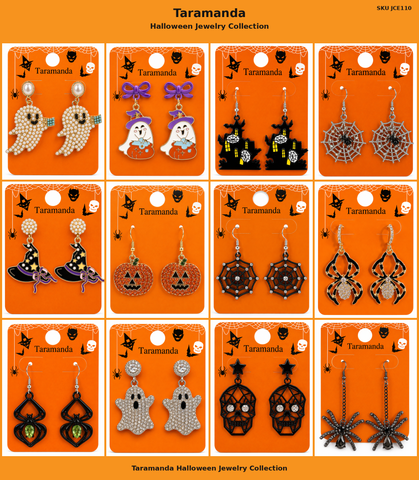 Wholesale Halloween earring assortment JCE110 with 12 different ghost, haunted house, witch, spider web, pumpkin, spider and skull earring styles by Taramanda