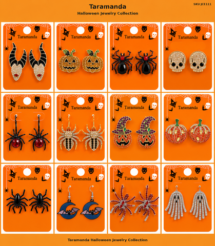 Wholesale Halloween earring assortment JCE111 with 12 different pumpkin, spider, skull, witch, bat, moon and ghost earring styles by Taramanda