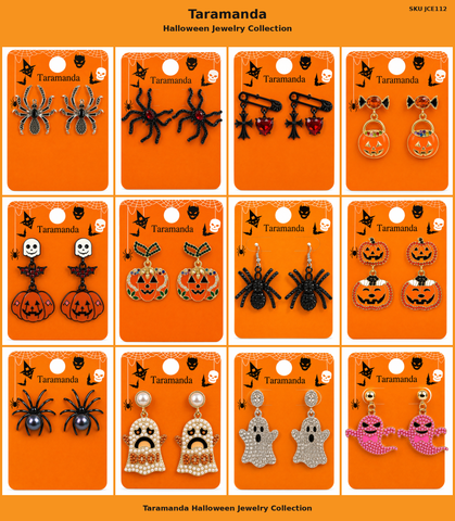 Wholesale Halloween earring assortment JCE112 with 12 different spider, pumpkin, ghost, skull and bat earring styles by Taramanda