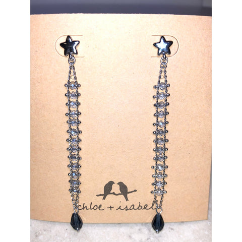 CHLOE + ISABEL star drop earrings with crystal chain & midnight accent - E054
