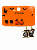 Wholesale Halloween 3-pair earrings with black pumpkin and skeleton reaper designs