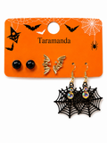 Wholesale Halloween 3-pair earrings with black stud, bat and spider web designs