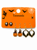 Wholesale Halloween 3-pair earrings with pumpkin, witch and bat designs