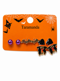 Wholesale Halloween 3-pair earrings with purple bat and witch designs