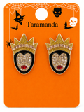 A pair of Taramanda brand gothic-style crown and mask enamel pins displayed on an orange Halloween-themed backing card with spiderwebs, bats, and a skull.