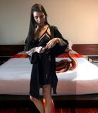 Kimono Style Black Robe with Peach Lace Sleeves