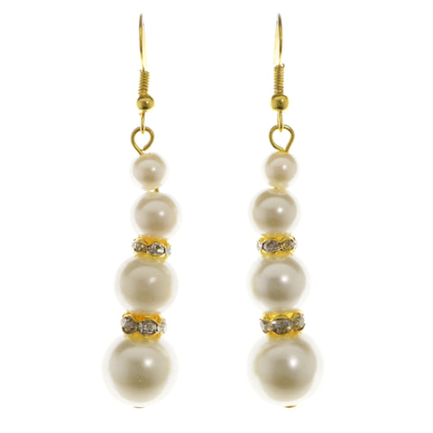 Gold-Tone & White Colored Metal Dangle-Earrings With Crystal Accents #3994