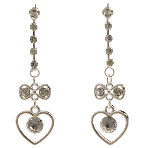 Heart Bow Dangle-Earrings  With Crystal Accents Silver-Tone Color #4025