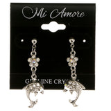 Dolphins Flower Dangle-Earrings With Crystal Accents Silver-Tone & Multi Colored #3986