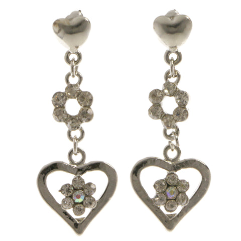Heart Flower Dangle-Earrings  With Crystal Accents Silver-Tone Color #4018