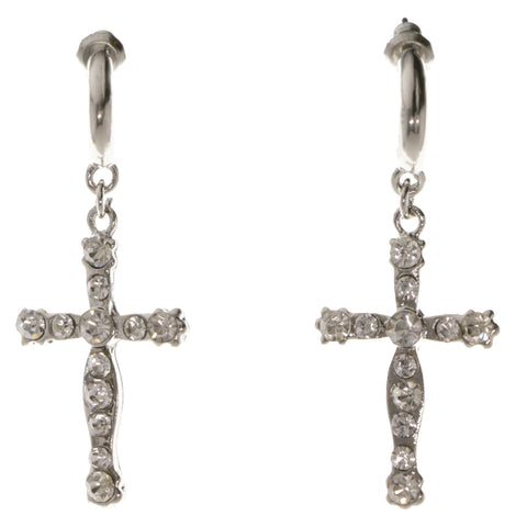 Cross Dangle-Earrings With Crystal Accents  Silver-Tone Color #3998