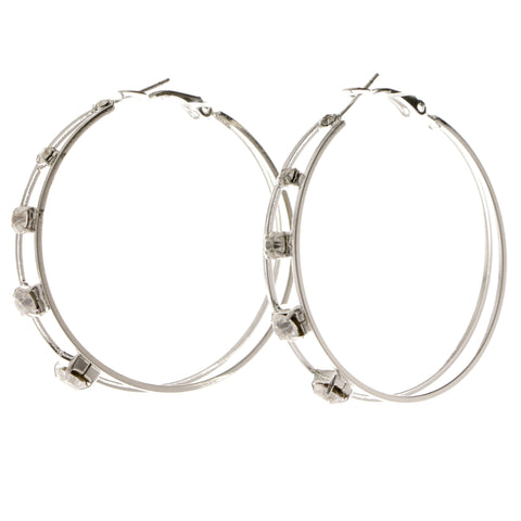 Silver-Tone Metal Hoop-Earrings With Crystal Accents #4037