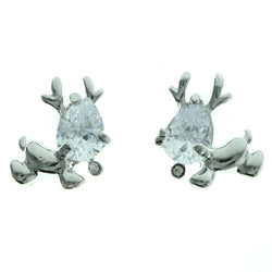 Cubic Zirconia Reindeer Stud-Earrings  With Crystal Accents Silver-Tone Color #2772