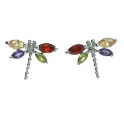 Dragonfly Stud-Earrings With Crystal Accents Silver-Tone & Multi Colored #2799