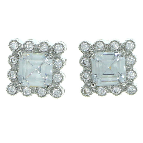 Square Shaped Stud-Earrings With Crystal Accents  Silver-Tone Color #2902