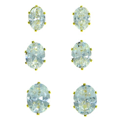 Set Of Three Oval Shaped Muliple Size Per Card Stud-Earrings With Crystal Accents Gold-Tone Color #2926