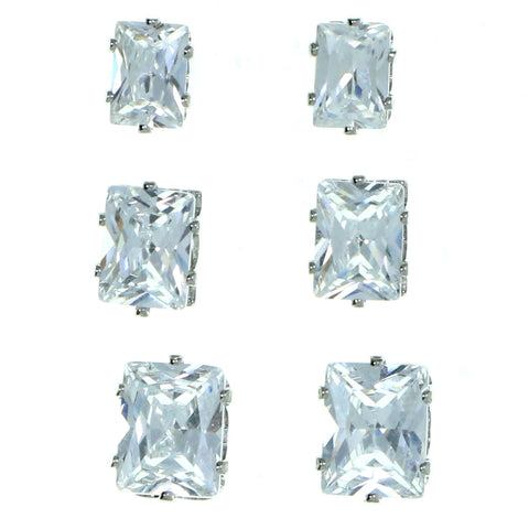Set Of Three Rectangular Stud-Earrings  With Crystal Accents Silver-Tone Color #2929