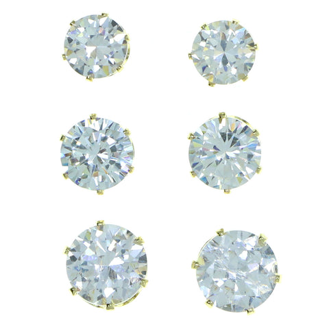 Set Of Three Round Muliple Size Per Card Stud-Earrings With Crystal Accents Gold-Tone Color #2937