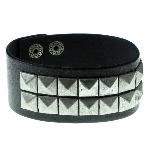 Pyramid Studded Mens-Bracelet Black & Silver-Tone Colored #3228