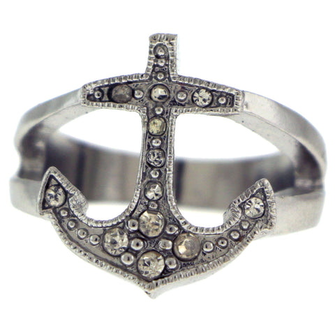 Silver-Tone Anchor Shaped Ring with Rhinestone Accents AER3