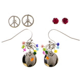 Peace Sign Mutliple-Earrings-Set With Crystal Accents White & Silver-Tone Colored #3477