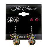 Peace Sign Mutliple-Earrings-Set With Crystal Accents White & Silver-Tone Colored #3477