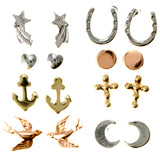 Horseshoe Anchor Heart Bird Cross Moon Shooting Star Stud-Earrings Colorful #3479