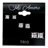 Tri-Tone Metal Stud-Earrings With Crystal Accents #3480