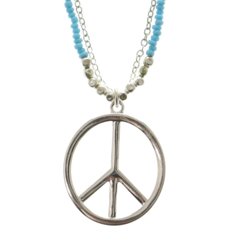 Peace Adjustable Length Pendant-Necklace With Bead Accents Blue & Silver-Tone Colored #3307