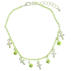 Cross Charm-Anklet With Charm Accents Green & Silver-Tone Colored #4072