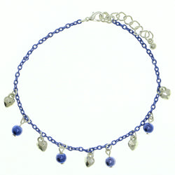 Heart Charm-Anklet With Bead Accents Silver-Tone & Blue Colored #4081