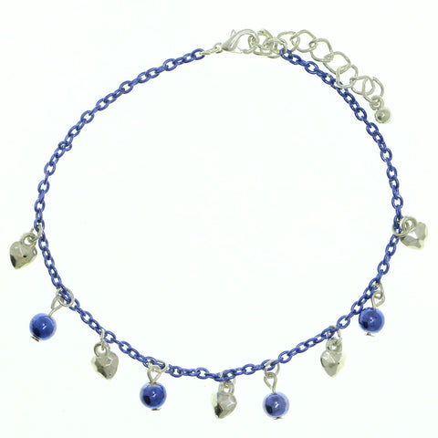 Heart Charm-Anklet With Bead Accents Silver-Tone & Blue Colored #4081