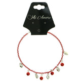 Heart Charm-Anklet With Bead Accents Silver-Tone & Red Colored #4081
