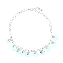 flower Charm-Anklet With Bead Accents Silver-Tone & Blue Colored #4088