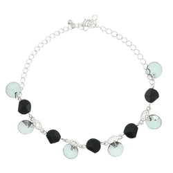 Silver-Tone & Black Colored Metal Charm-Anklet With Bead Accents #4086