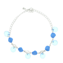 Silver-Tone & Blue Colored Metal Charm-Anklet With Bead Accents #4086