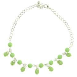 Silver-Tone & Green Colored Metal Charm-Anklet With Bead Accents #4073