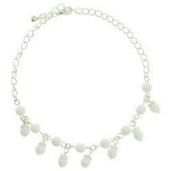 Silver-Tone & White Colored Metal Charm-Anklet With Bead Accents #4073