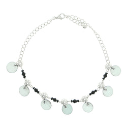 Silver-Tone & Black Colored Metal Charm-Anklet With Bead Accents #4074