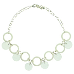 Silver-Tone & White Colored Metal Charm-Anklet With Bead Accents #4083