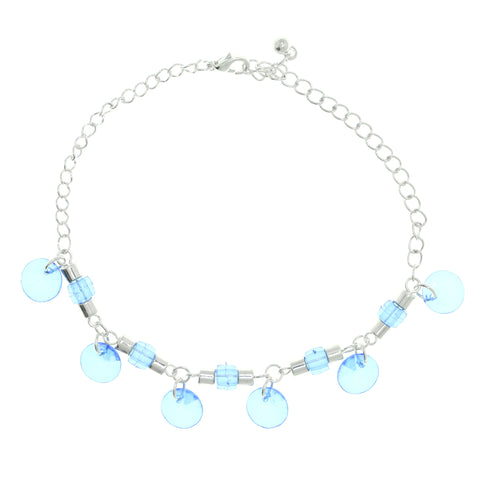 Silver-Tone & Blue Colored Metal Charm-Anklet With Bead Accents #4077