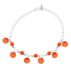 Silver-Tone & Red Colored Metal Charm-Anklet With Bead Accents #4077