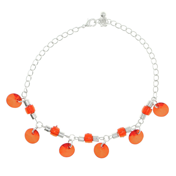 Silver-Tone & Red Colored Metal Charm-Anklet With Bead Accents #4077